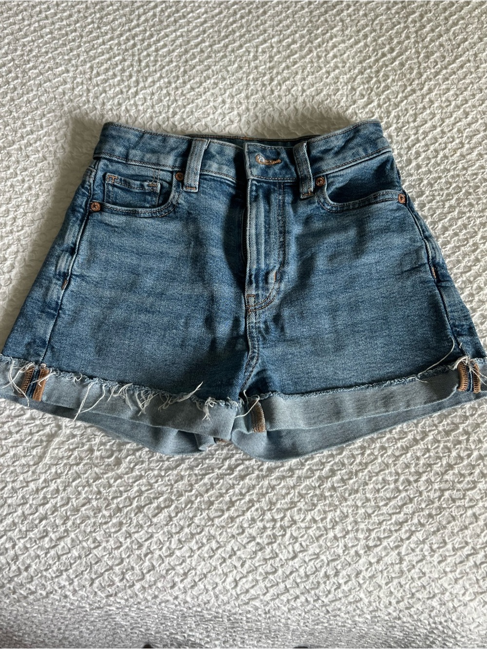 Am. Eagle High-Rise Distressed, Zipper-up , Denim Shorts - Lt. Blue, Size 000